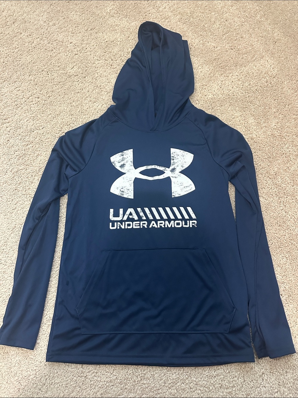 Under Armour Navy Long Sleeve Hooded Performance Top with White Logo